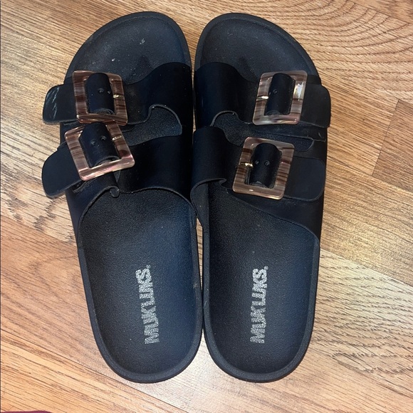 MukLuks Black Slide Sandals with Buckles - Picture 3 of 3